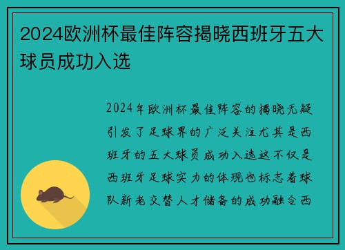 2024欧洲杯最佳阵容揭晓西班牙五大球员成功入选