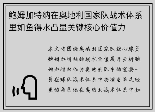 鲍姆加特纳在奥地利国家队战术体系里如鱼得水凸显关键核心价值力 鲍姆加特纳在奥地利国家队战术体系里如鱼得水凸显关键核心价值力